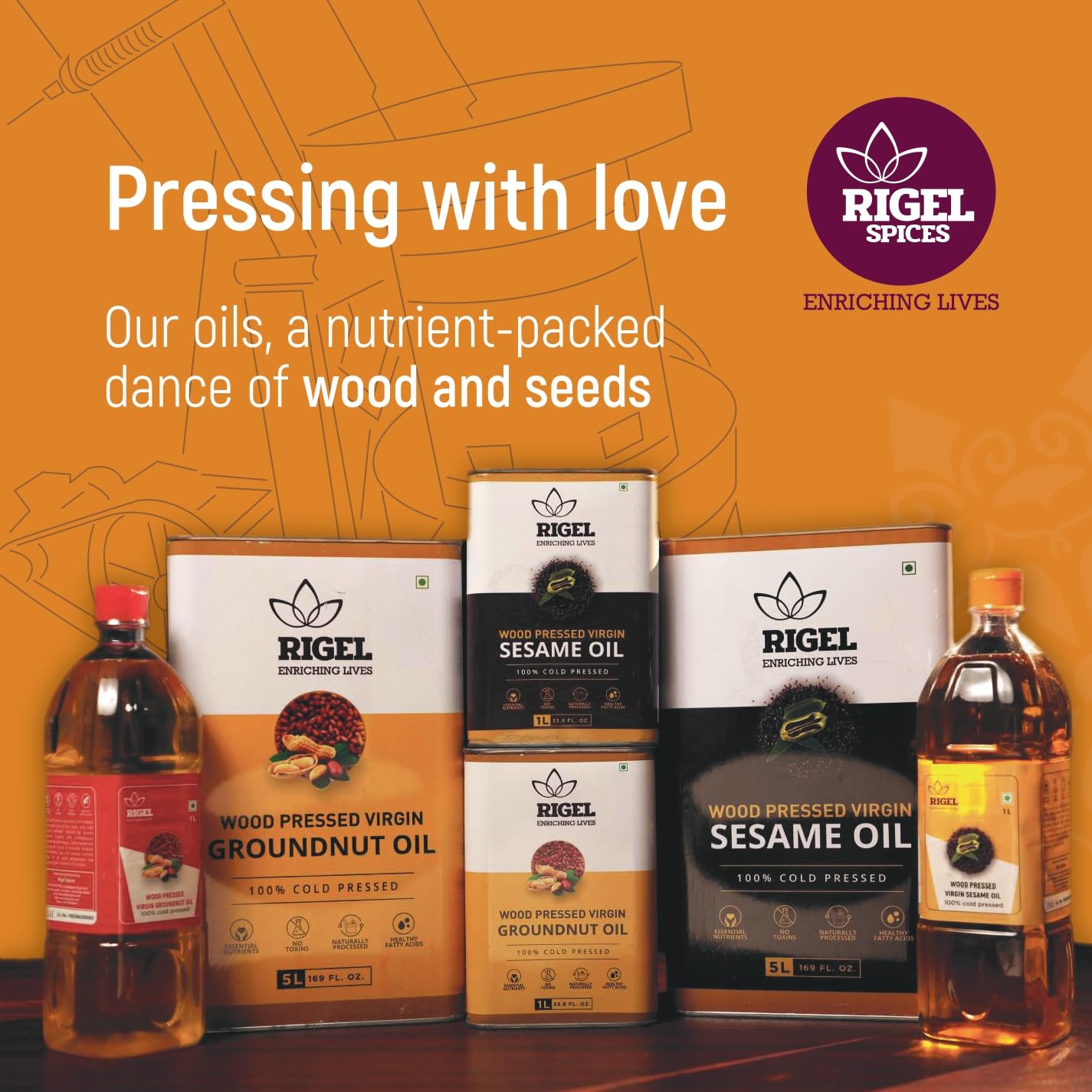 Rigel Spices | Naturally Milled Cold Pressed Peanut Oil in a Eco-Friendly Tin 169 fl oz(5L Tin) | No Preservatives