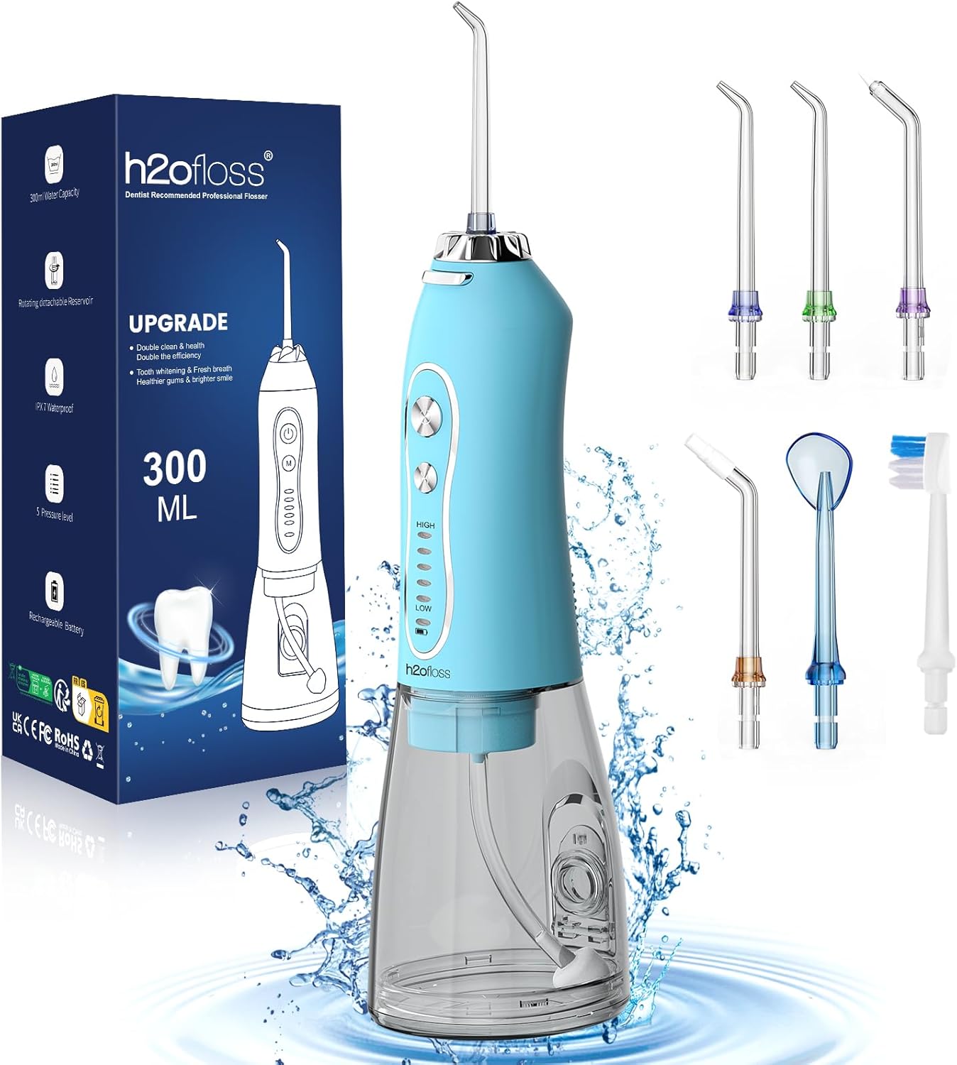 Water Dental Flosser Teeth Cleaner Pick, H2ofloss Cordless Portable Oral Irrigator,5 Mode IPX7 Waterproof Teeth Picks 300ML Rechargeable WaterFlosser for Teeth Cleaning Sky Blue