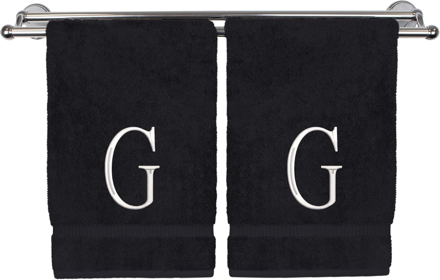 Monogrammed Hand Towel, Personalized Initial Gift, Extra Absorbent 100% Turkish Cotton - Soft Terry Finish - Set of 2 - White Block Initial G - Embroidered on Black Towels