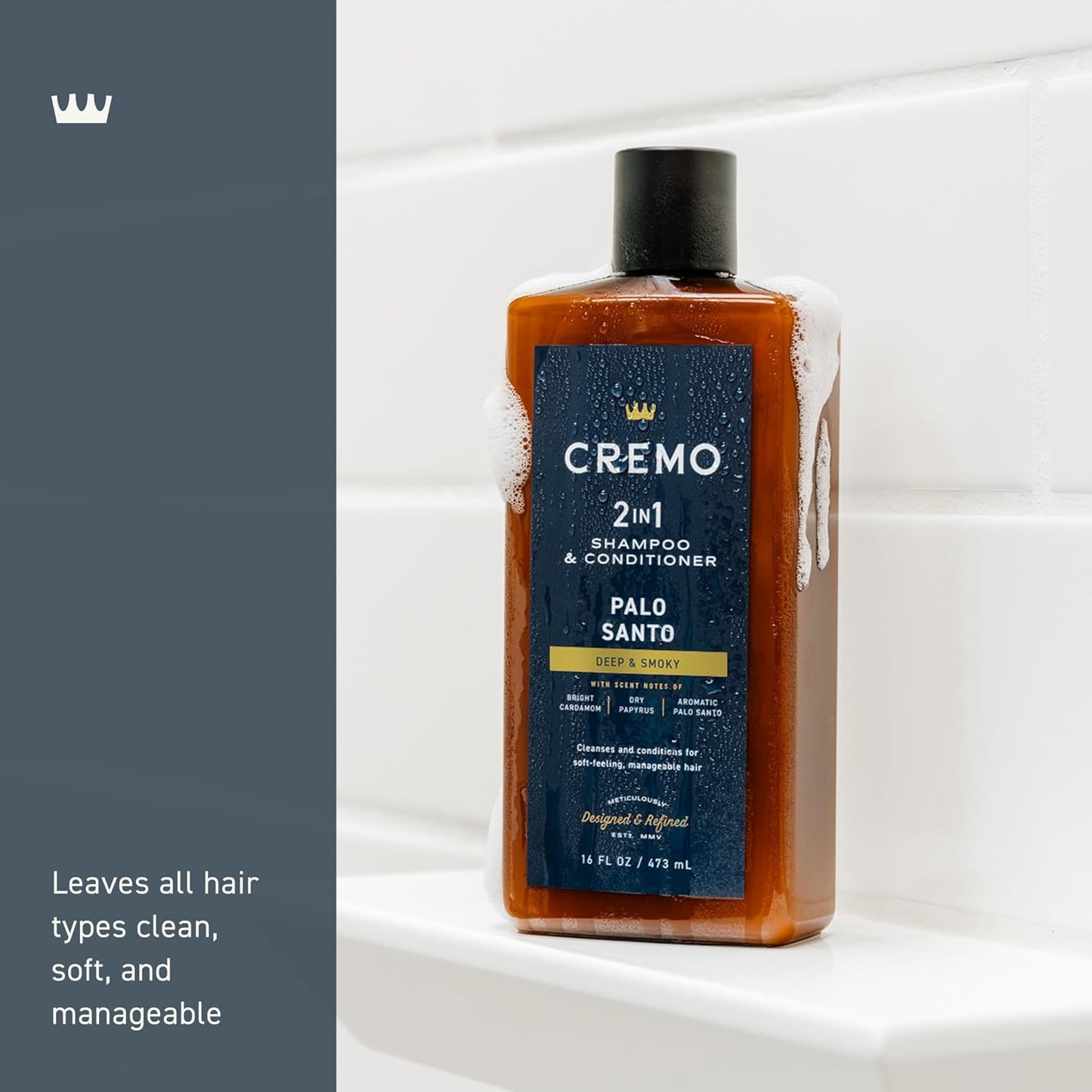 Cremo Palo Santo Barber Grade 2-n-1 Shampoo & Conditioner, Notes of Bright Cardamom, Dry Papyrus and Aromatic Palo Santo,16 Fl Oz