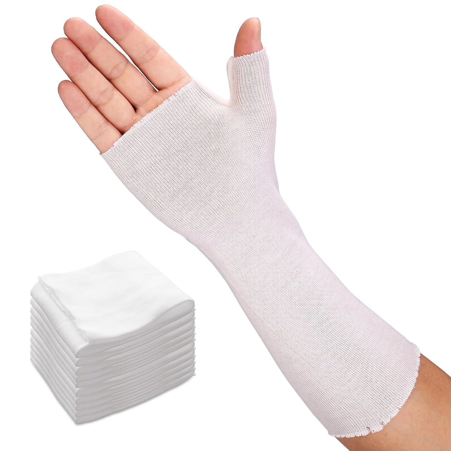 Velpeau Hand Socks for Splint (Pack of 10), Breathable, Thin Stockinette Tubing for Arm, Wrist Brace with Thumb Spica Liner, Cotton Gauze Sleeve, Under Cast Wrap, Arm Cover for Men and Women (White, Light Version, M)