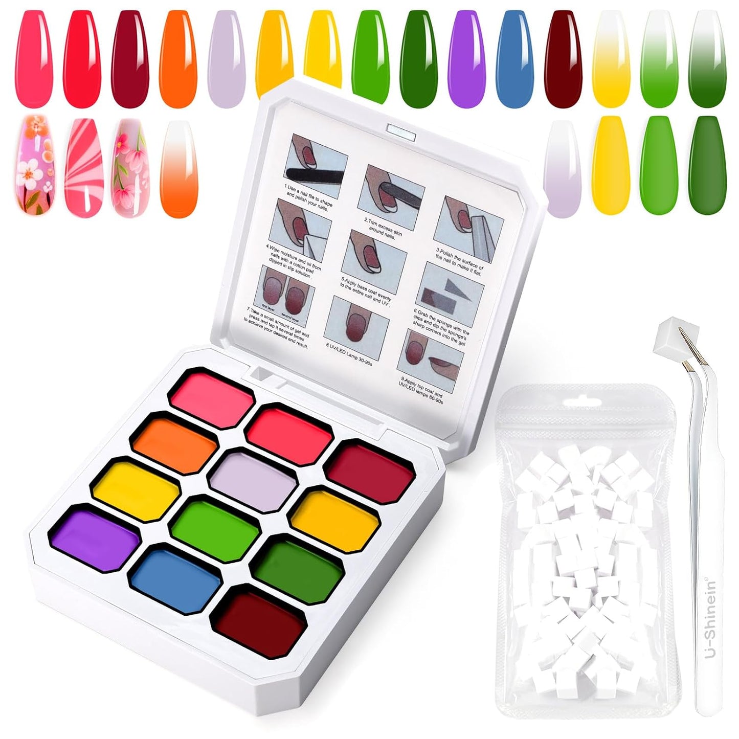 Gradient Painting Gel, 12 Ombre Gel Nail Polish with 100Pcs Nail Sponges &Tweezers for Pigmented Pat Nails Aura Nails French Manicure Soak Off UV Long-lasting Set Palette Electric Carnival