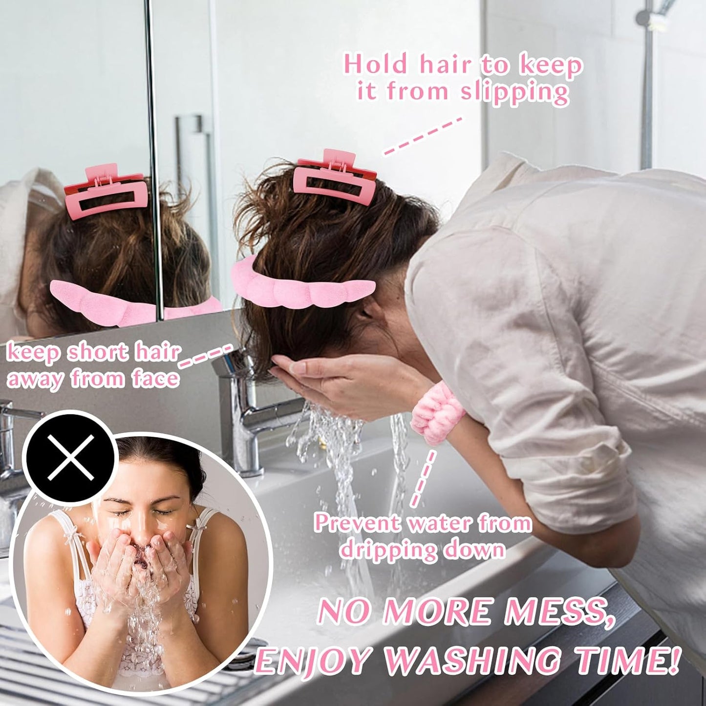 Wecoe Spa Headband And Wristband Set Skincare Headband For Washing Face Hair Claw Clips For Thick Hair Cute Pink Puffy Sponge Makeup Bubble Head Band Wrist Towels Scrunchies For Women Girls