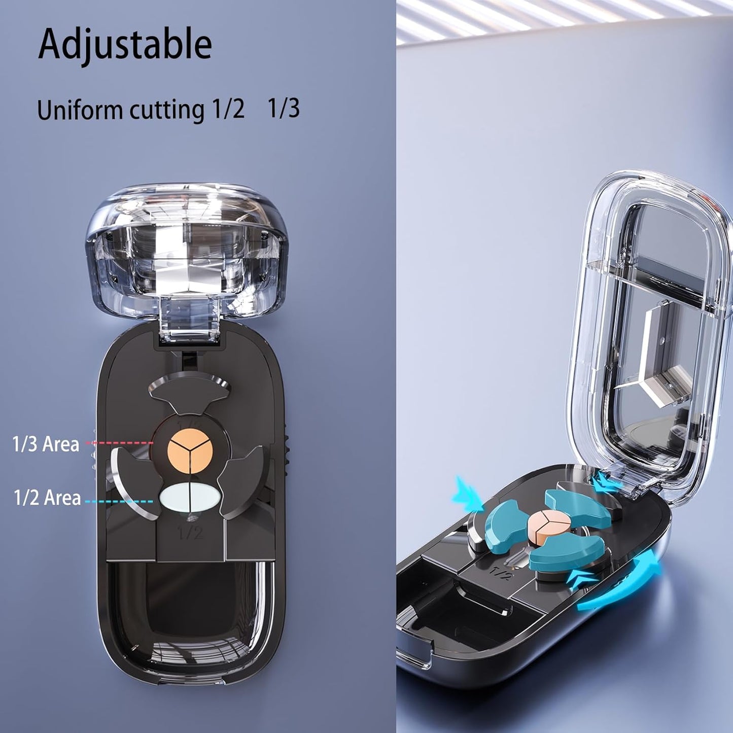 Pill Cutter Splitter for Small and Tiny Pills - Adjustable Pill Splitter with Centering Device for Cutting Multiple Pills, Accurate Alignment and Easy to Use (1/3 Blue)