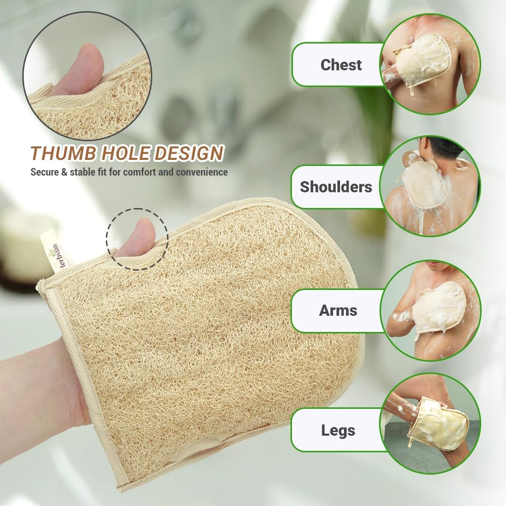 Premium Vietnamese Natural Loofah Gloves – Exfoliating Body Scrubber Mitts with Thumb Holes, Easy Grip Design, for Men & Women, Shower & Bath (Pack of 2)