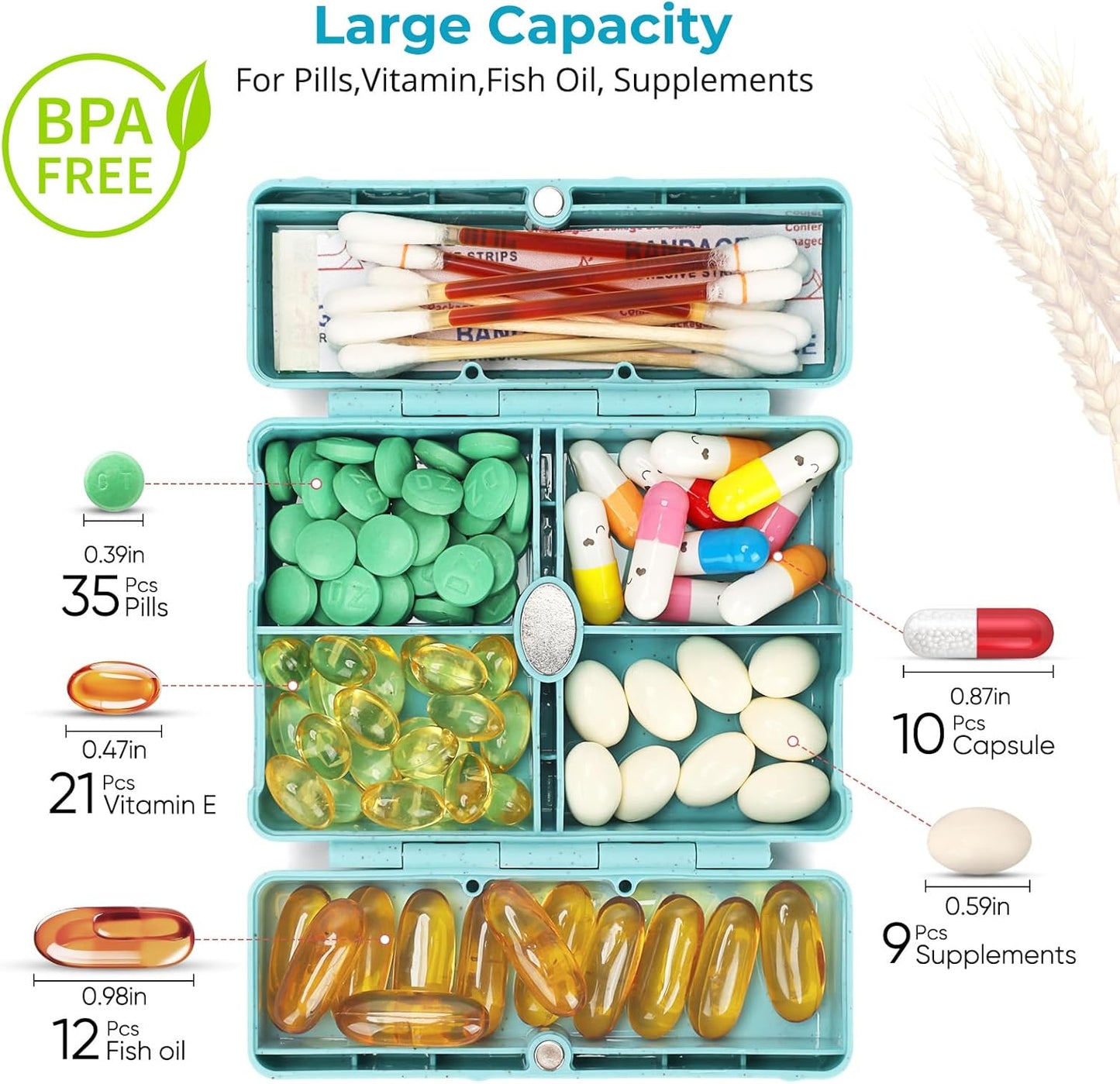 Zentiky Small Daily Pill Organizer with Labels, Medicine Pill Organizer Fit with Your Purse or Pocket for Travel to Hold Vitamin, Fish Oil, Supplement,Cotton Swabs, Bandages or Jewelry-Blue