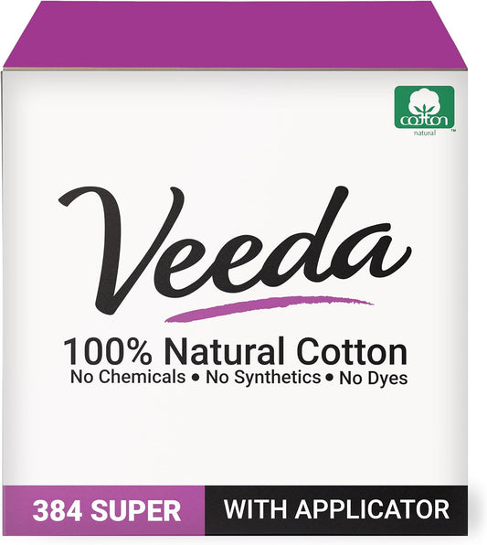 Veeda 100% Natural Cotton Tampons - Super Absorbency with Leak Proof Protection - Compact BPA-Free Applicator - Unscented & Free from Chlorine, Toxin - 384 Count