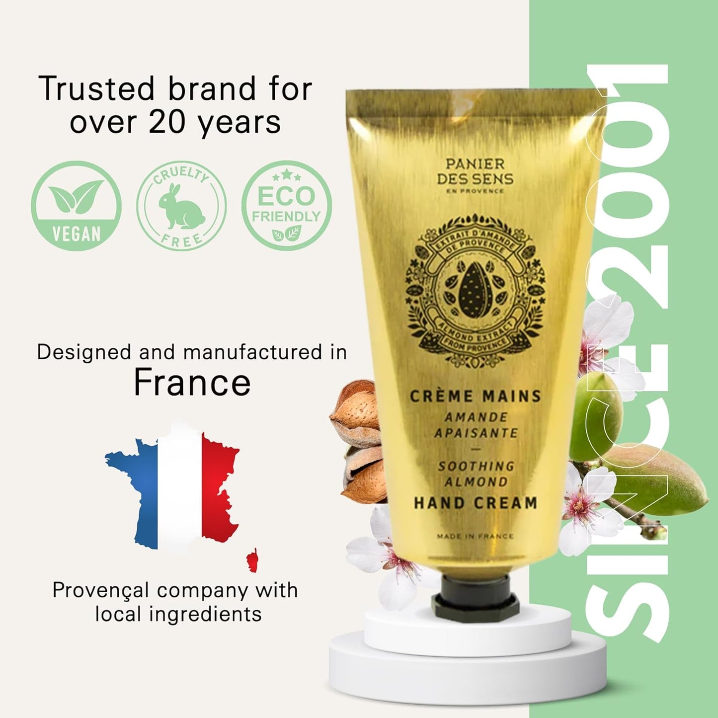 Panier des Sens - Hand Cream for Dry Cracked Hands - Almond Hand Lotion with Sweet Almond Oil & Shea Butter - Vitamin E Skin Moisturizer with 97% Natural Ingredients - Made in France, 2.5 fl oz