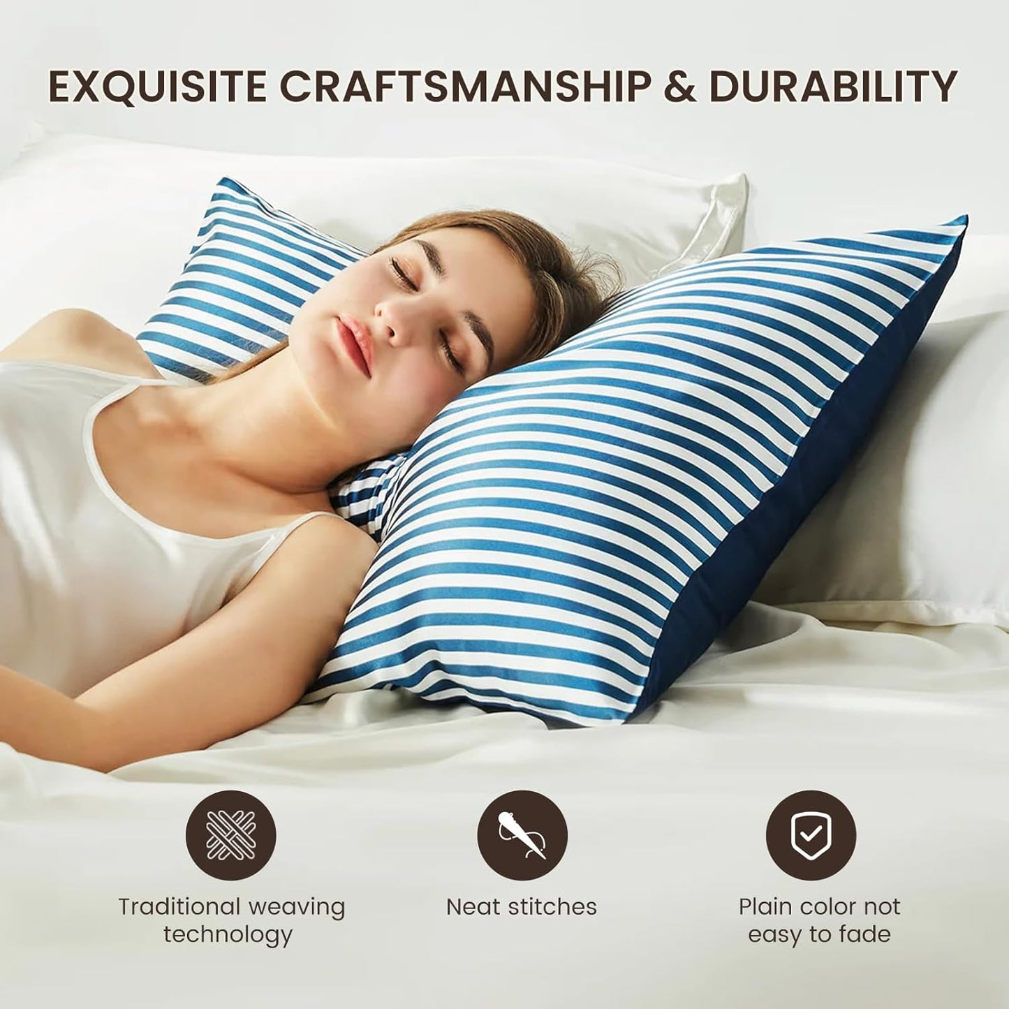 THXSILK Mulberry Silk Pillowcase for Hair and Skin Health, Grade 6A+ Mulberry Silk Pillowcase with Hidden Zipper, Soft and Breathable, 1pc (King 20"x36", Blue White Stripes)