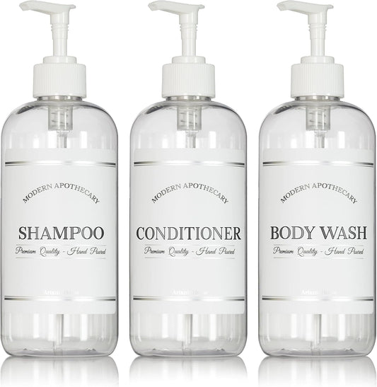 Clear Refillable Shampoo and Conditioner Bottles - Body Wash, Shampoo and Conditioner Dispenser - PET Plastic Shampoo Bottles Refillable with Pump - Waterproof Labels - 16 oz, 3 Pack (White Plastic)