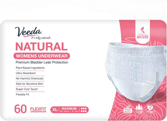 Veeda Natural Adult Incontinence Underwear for Women - Postpartum Underwear for Bladder Leakage Protection - Disposable Underwear with Maximum Absorbency - X-Large Size - 60 Count