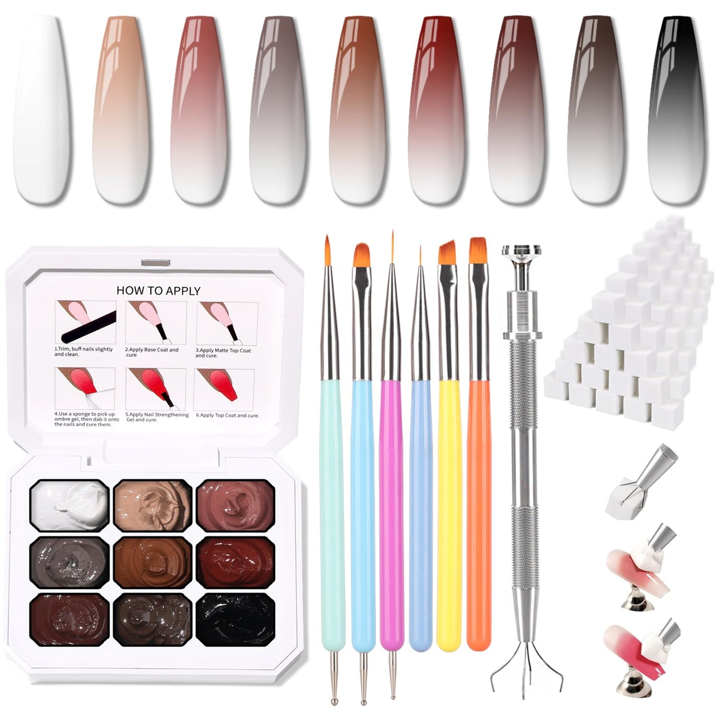 Sponge Pat Paint Nail Gel, 9 Colors Ombre Nails Gradient Gel Nail Blush Blooming Aura Nails Drawing Stripper Floral Painting Nail Art, No Wipe, UV/LED Curing (All-in-One Kit)