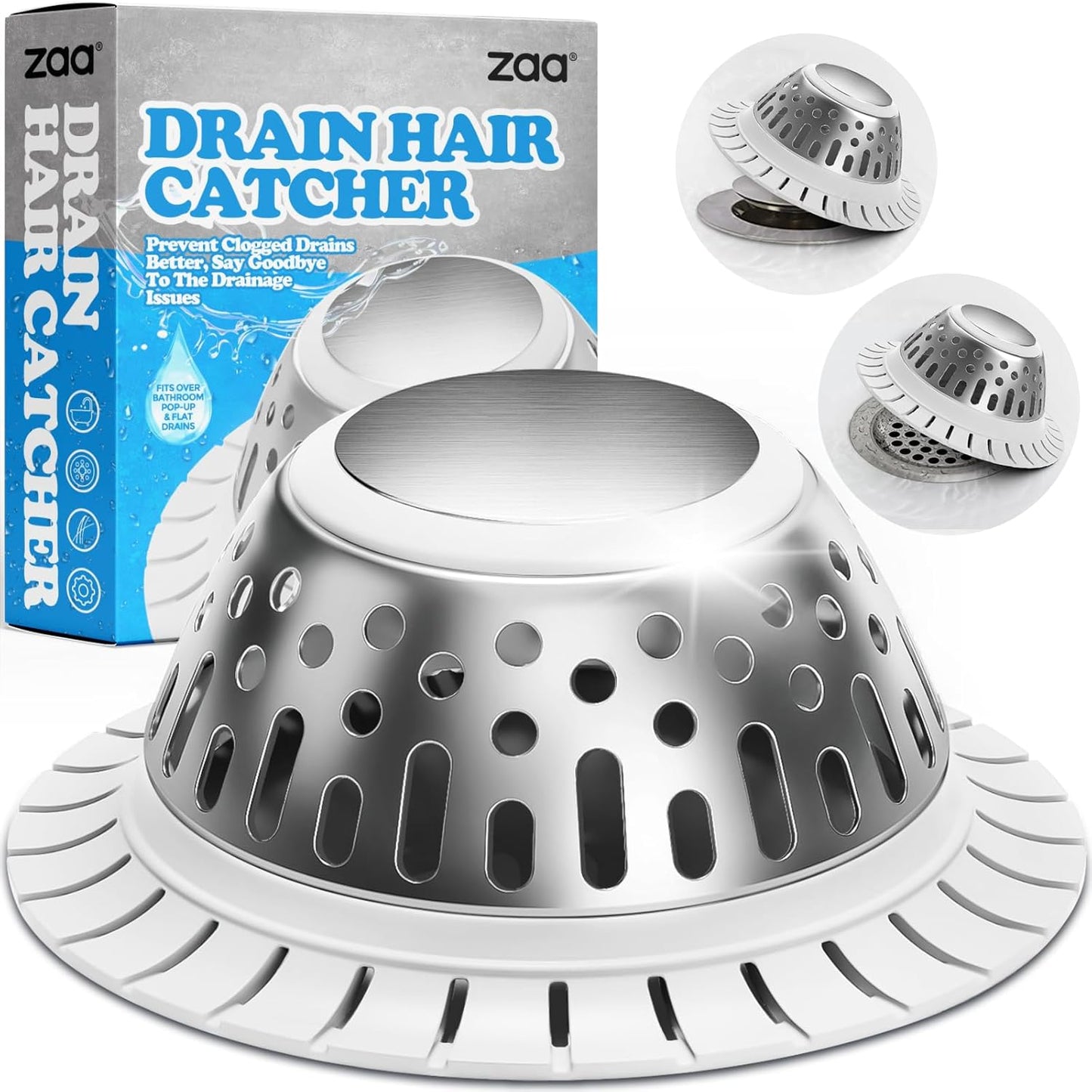 zaa Drain Hair Catcher - Bathtub Drain Cover, Hair Stopper for Bathtub Drain, 304 Stainless Steel Drain Protector and Hair Trap for Flat & Pop-up Drains, Silver White