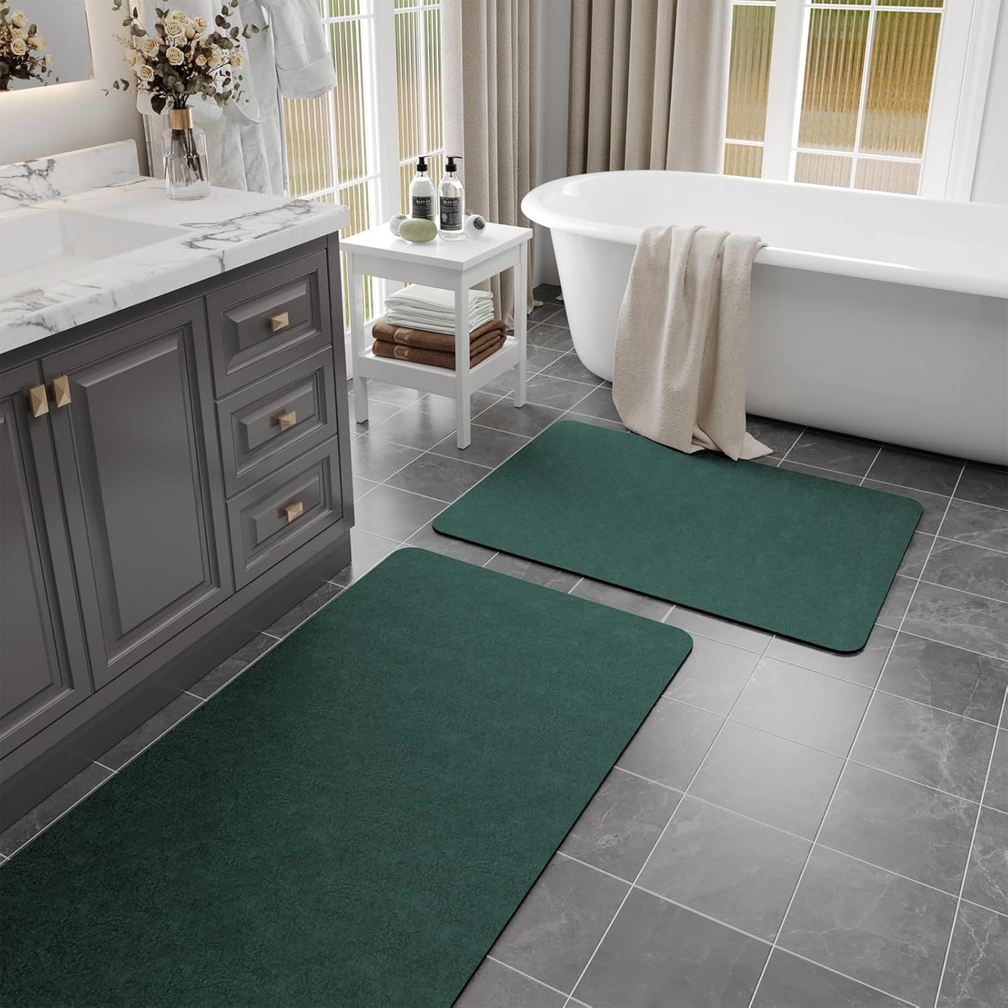 Bathroom Rugs Sets 2 Piece - Quick Dry Super Absorbent Bath Mat for Bathroom Diatomaceous Earth Bathroom Rugs with Rubber Backing Non-Slip Bath Mat Rugs for Shower Floor, 47x17 + 24x17, Dark Green