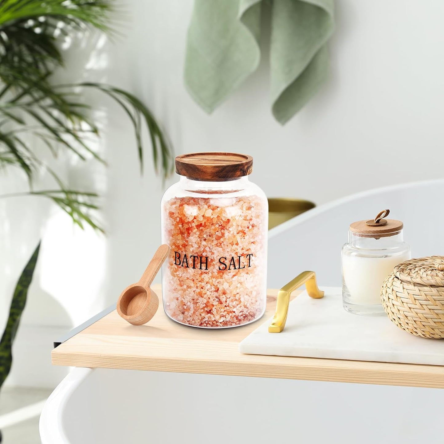 74 oz Glass Bath Salts Jar,Bath Salt Container with Wooden Lid and Scoop,Bathroom Organizers and Storage,for Bathroom Bath Decor,Home Decor,Bathtub Accessories for Women