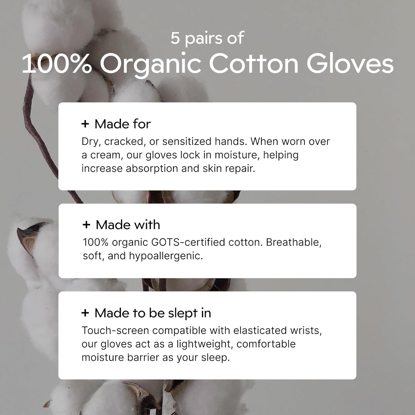 Clearbody Organics 100% Organic Cotton Gloves - 5 Pairs, Medium, White - Overnight Moisturizing White Gloves for Dry Hands