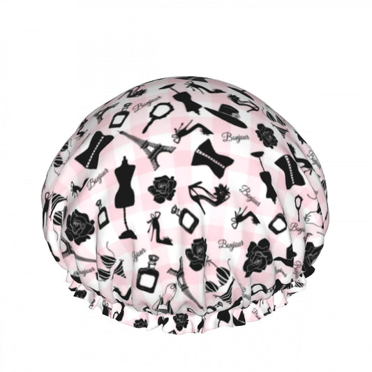 Fashion Pink Checkered Double Layer Waterproof Shower Cap for Women Reusable Bath Cap for All Long Hair Lengths Soft Bath Shower Hat