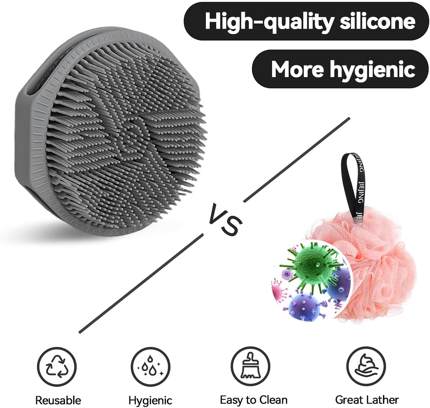 2-Pack Soft Silicone Dual-Sided Body Scrubber & Loofah | Gentle Exfoliating Shower Brush for Men & Women | Creates Rich Lather, Easy to Clean (Gray & Purple)