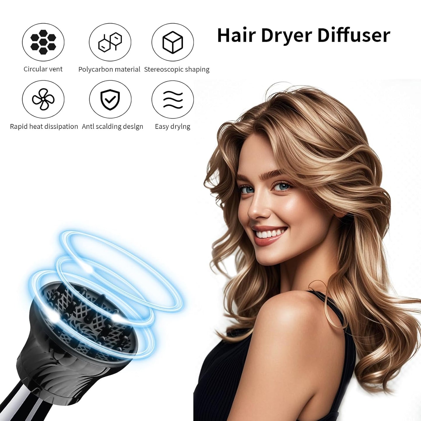 Diffuser Attachment for Hair Dryer Universal, Blow Dryer Nozzle-Specific Hair Diffuser for Curly Hair and Natural Wavy Hair, Suitable for Hair Dryers 1.4in-2.6in (Black)