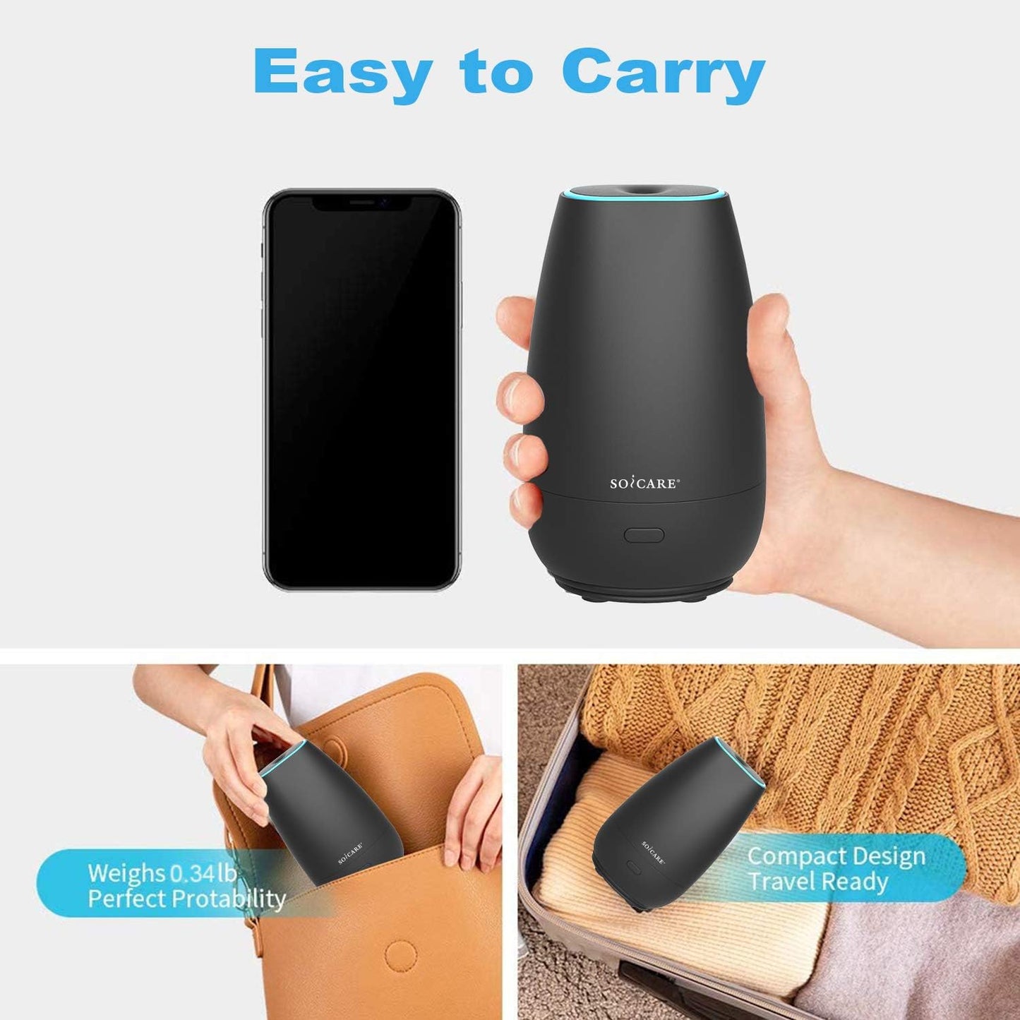 SOICARE Car Diffuser for Essential Oils, Small Portable Car Essential Oil Diffuser with Built-in USB Cable, Mini Aromatherapy Air Scent Humidifier Diffuser for Travel/Office/Home (Elegant Black)