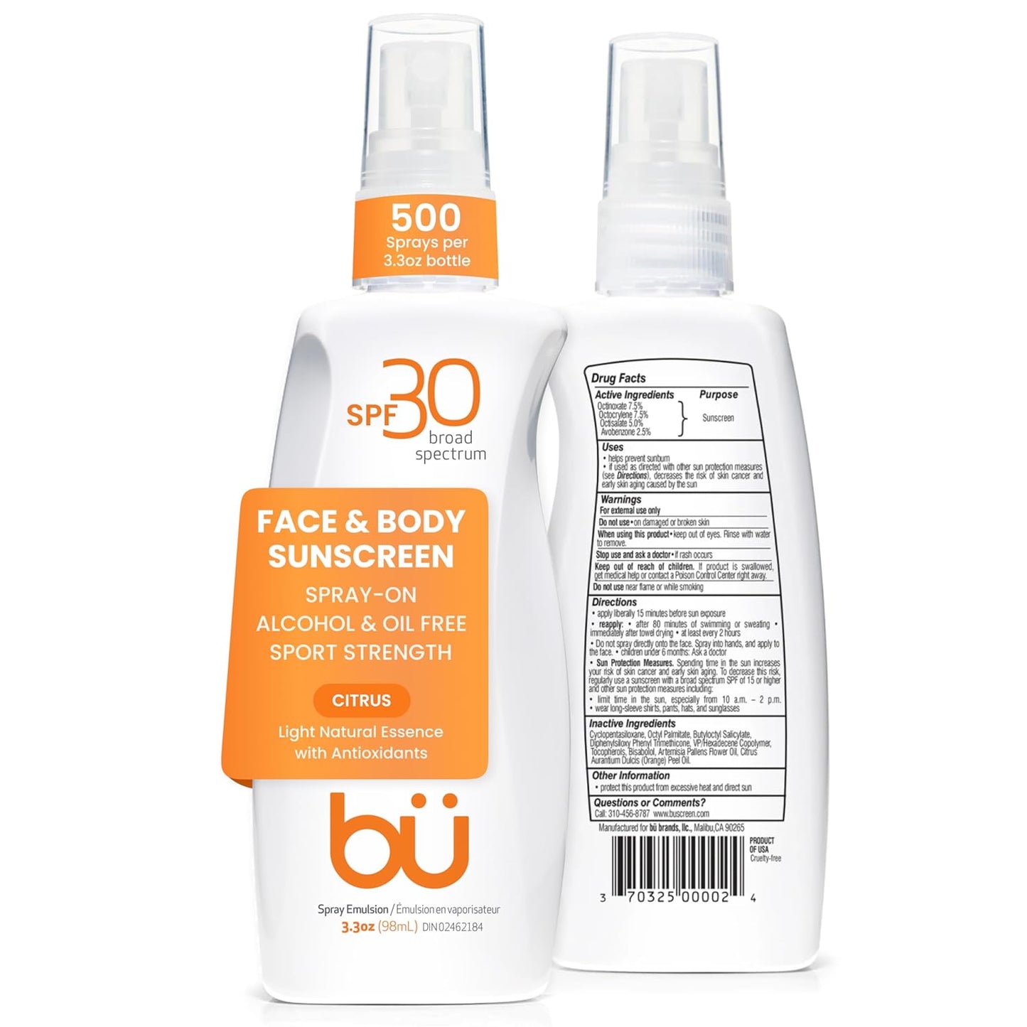 BU SPF 30 Sunscreen Spray for Face and Body, Non Aerosol Spray, Clear WOWmist, TSA Travel Size Sunblock, Oil Free and Water Resistant for Sensitive Skin, Natural Citrus 3.3 oz