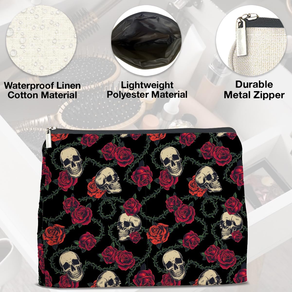 Gothic Rose and Skull Pattern Makeup Bag Gifts for Women Skull Floral Cosmetic Bag Zipper Pouch Travel