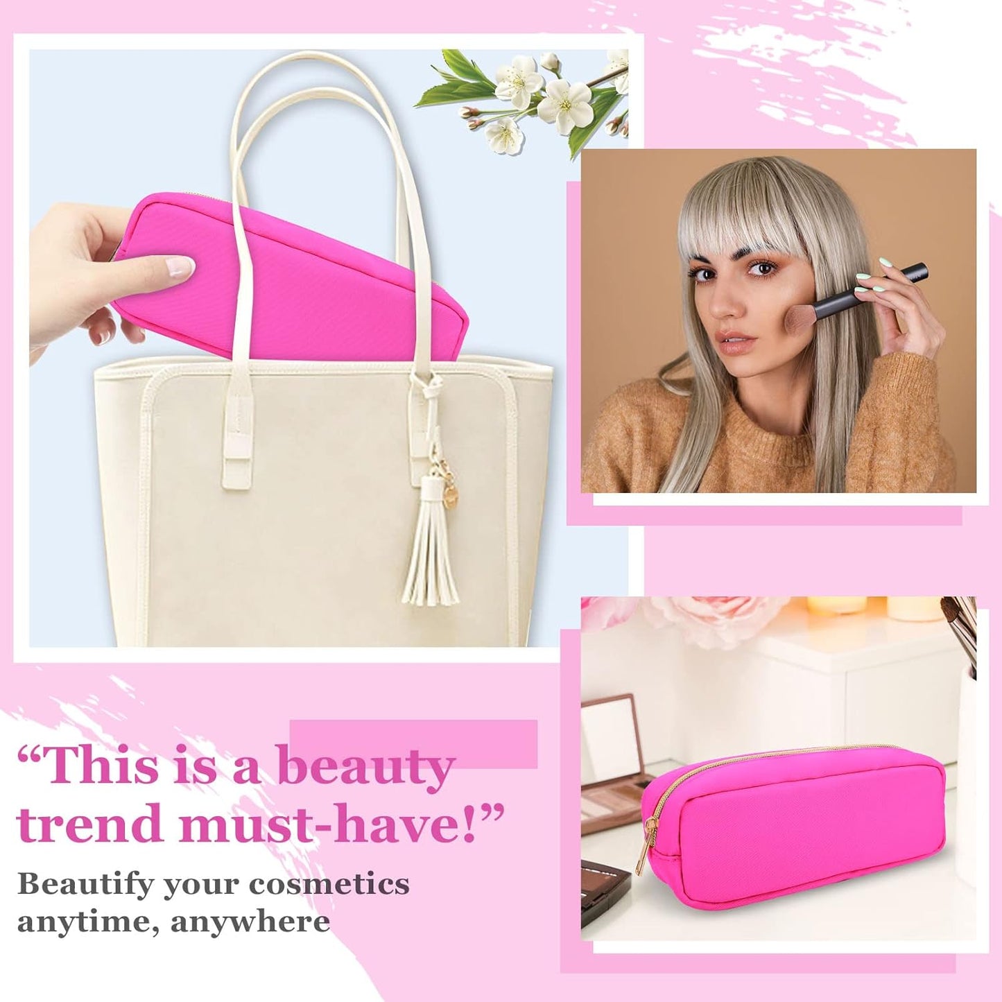 Izuzt Nylon Small Makeup Bag, Slim Pouch - Preppy Cute Makeup Brush Case, Cosmetic Zipper Pouch for Purse, Waterproof Travel Toiletry Bag Clutch, Makeup Organizer for Women & Girls (Hot Pink)