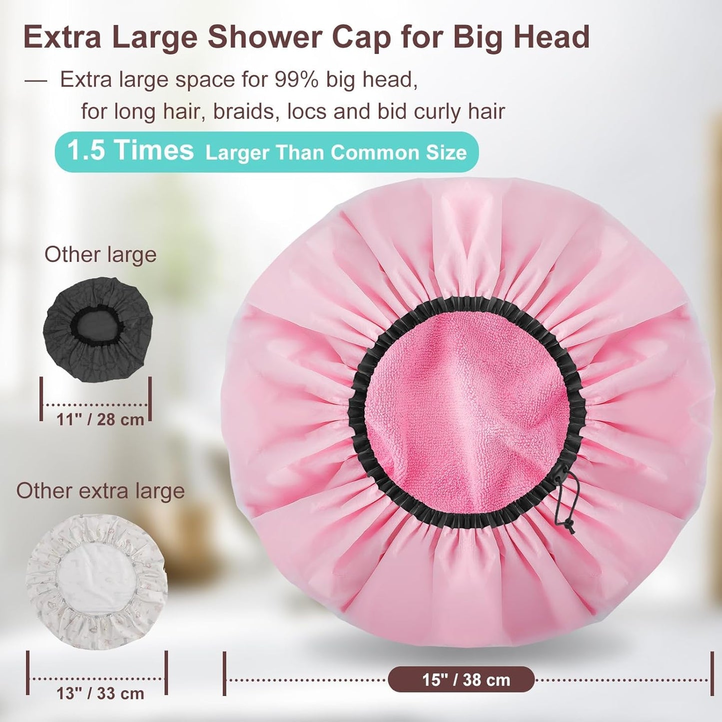 2 Pcs 15" XL Extra Large Terry Lined Shower Cap, Adjustable Dual Waterproof Shower Cap for Women Reusable Soft Hair Cap Bath Cap for Long Braids, Thick Hair, Locs, Curly Hair