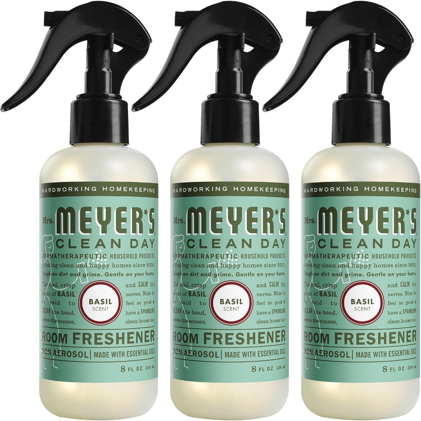 MRS. MEYER'S CLEAN DAY Room and Air Freshener Spray, Non-Aerosol Spray Bottle Infused with Essential Oils, Basil, 8 fl. oz - Pack of 3