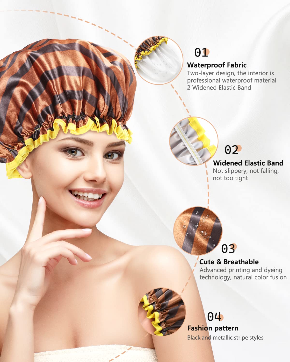 mikimini Large Shower Cap for Men and Women, 2 Pack Oversized Waterproof Shower Cap, Reusable, Washable, Golden Stripes Fashionable Shower Caps X-Large Pack of 2 Stripe