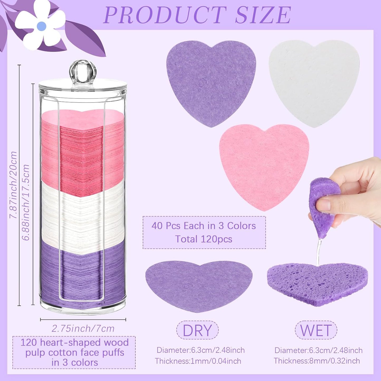 Sieral 120 Pcs Compressed Facial Sponges with Container Disposable Face Sponge Pads for Washing Face Cleansing Exfoliating Esthetician Makeup Removal(Heart,Multicolor)