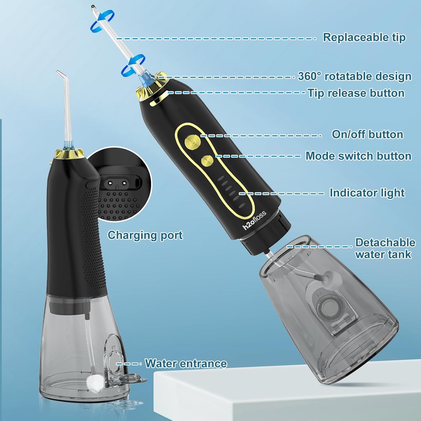 H2ofloss Water Dental Flosser Teeth Pick -Portable Oral Irrigator with 5 Modes, Rechargeable IPX7 Waterproof Orthodontic Teeth Cleaner Pick Cordless for Home Travel-300ml Water Tank Gold