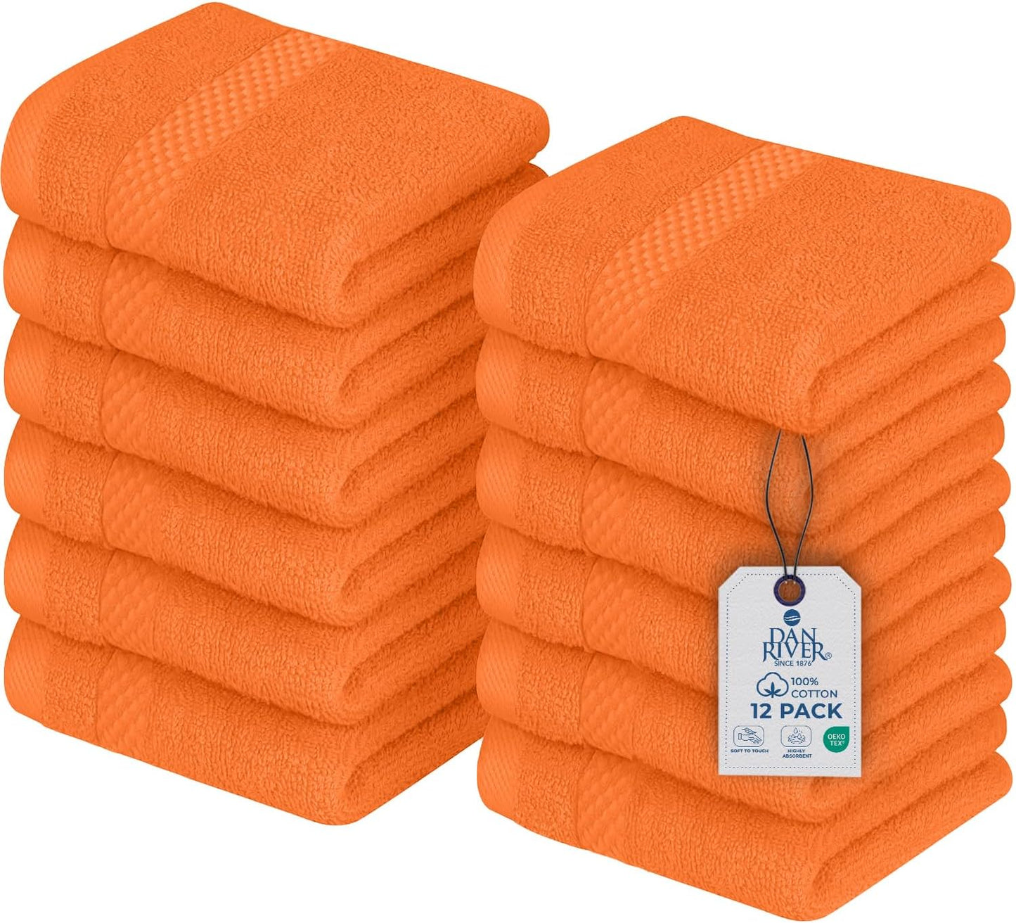 DAN RIVER 12-Pack Premium 100% Cotton Orange Face Towels – Reusable Face Towel Set, Soft & Absorbent Luxury WashCloths for Bathroom & Body – Hand and Face Towels, 550 GSM (12x12 in)