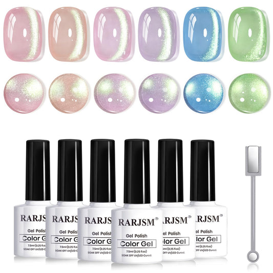 RARJSM Green Cat Eye Gel Nail Polish Set 6pcs Reflective Sparkly Diamond Glitter Nude Pink Blue Purple Clear Glass Cateye Gelpolish with Magnet Stick 7.5ml Curing Requires Soak Off for Home Salon