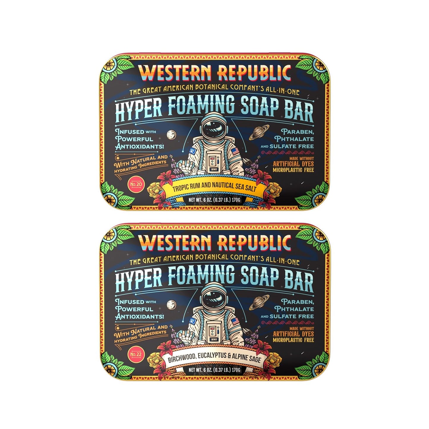Hyper Foaming Soap Bar | Birchwood, Eucalyptus & Alpine Sage and Tropic Rum & Nautical Sea Salt | Hydrating & Anti-Aging Ingredients | (2 Pack) | Made in USA