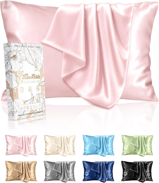 Silk Pillowcase 2 Pack - Pillow Cases Standard Set of 2 Size 20" x 26" for Hair and Skin Smooth Soft Breathable with Hidden Zipper Cooling Pillow Covers for Sleeping Women, Coral