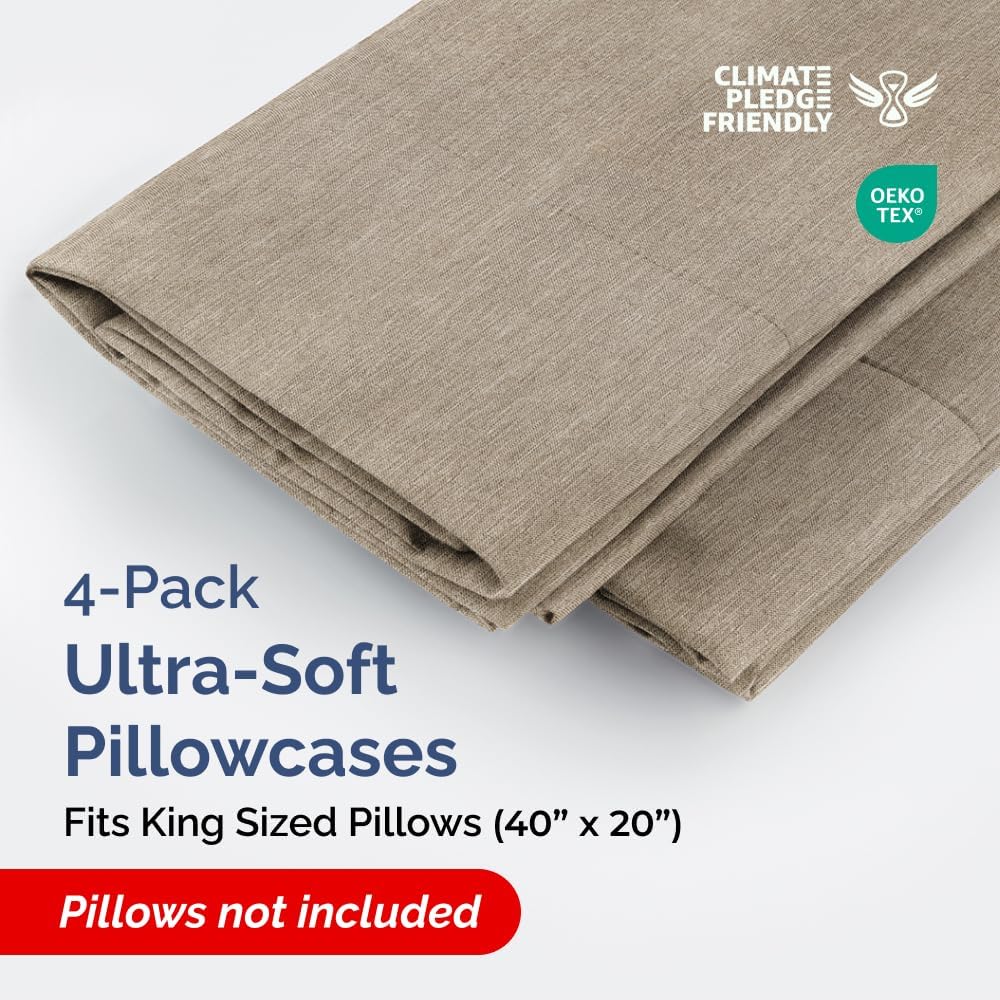 King Pillow Cases Set of 4 - Ultra Soft Hotel Quality Pillowcase Covers - Comfy, Cozy & Wrinkle Free - Shrinkage and Fade Resistant - Machine Washable Pillow Protectors - 4 Piece Set - Heathered Beige