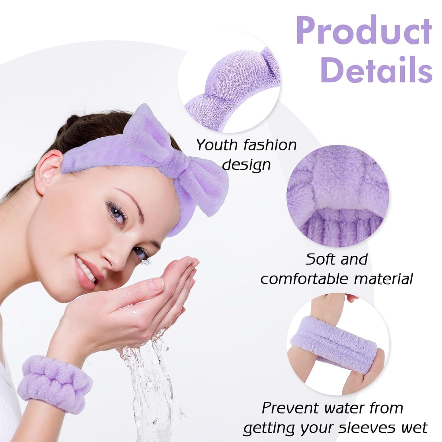 Zkptops 6Pcs Spa Headband for Washing Face Wristbands Set Women Bubble Skincare Makeup Sponge Terry Cloth Padded Puffy Headband Bow Tie Hairband Cute Non Slip Thick Hair Accessory Gifts (Purple)