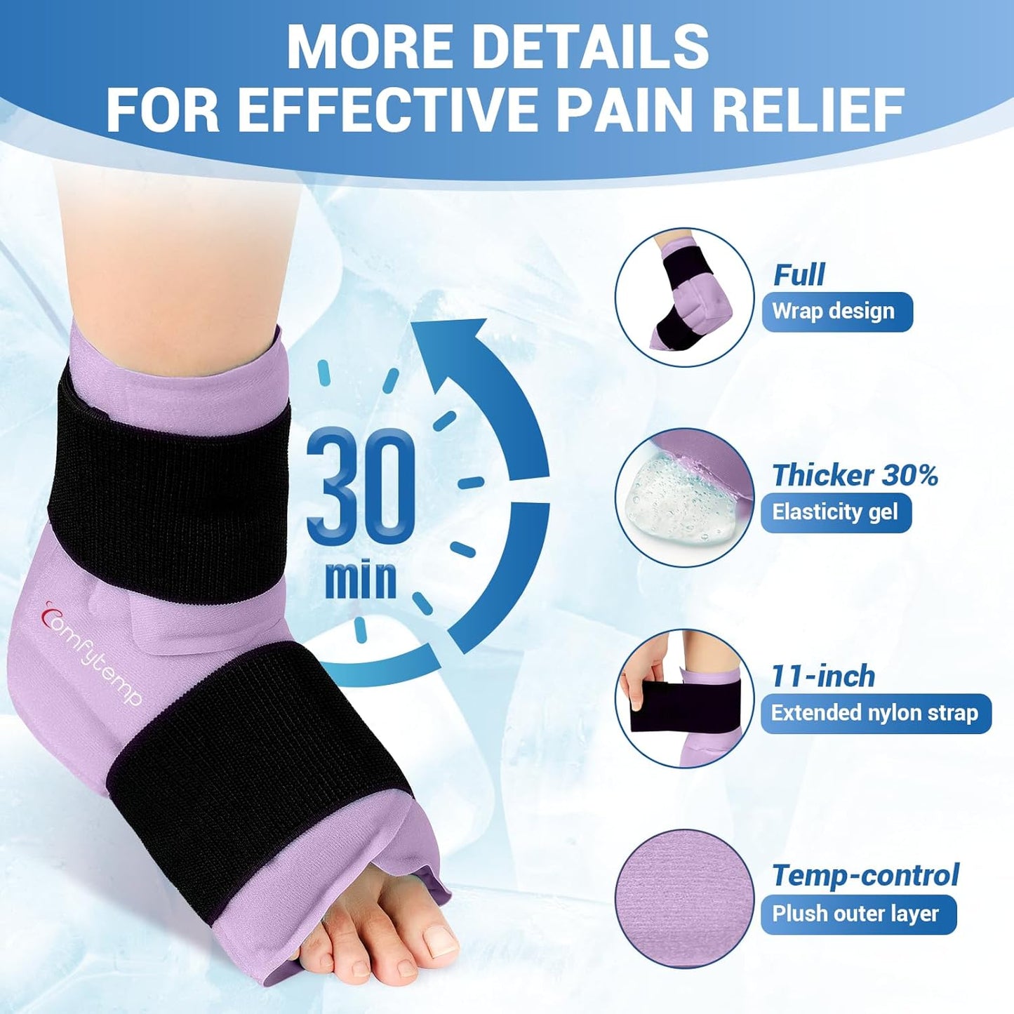 Comfytemp Large Ankle Foot Ice Pack Wrap for Plantar Fasciitis Relief, Feet Brace for Sprained Ankle, Heel Spur, Swelling, Tendonitis, Pain, Hot & Cold Therapy, Surgery Get Well Gift, 1 Pack (Purple)