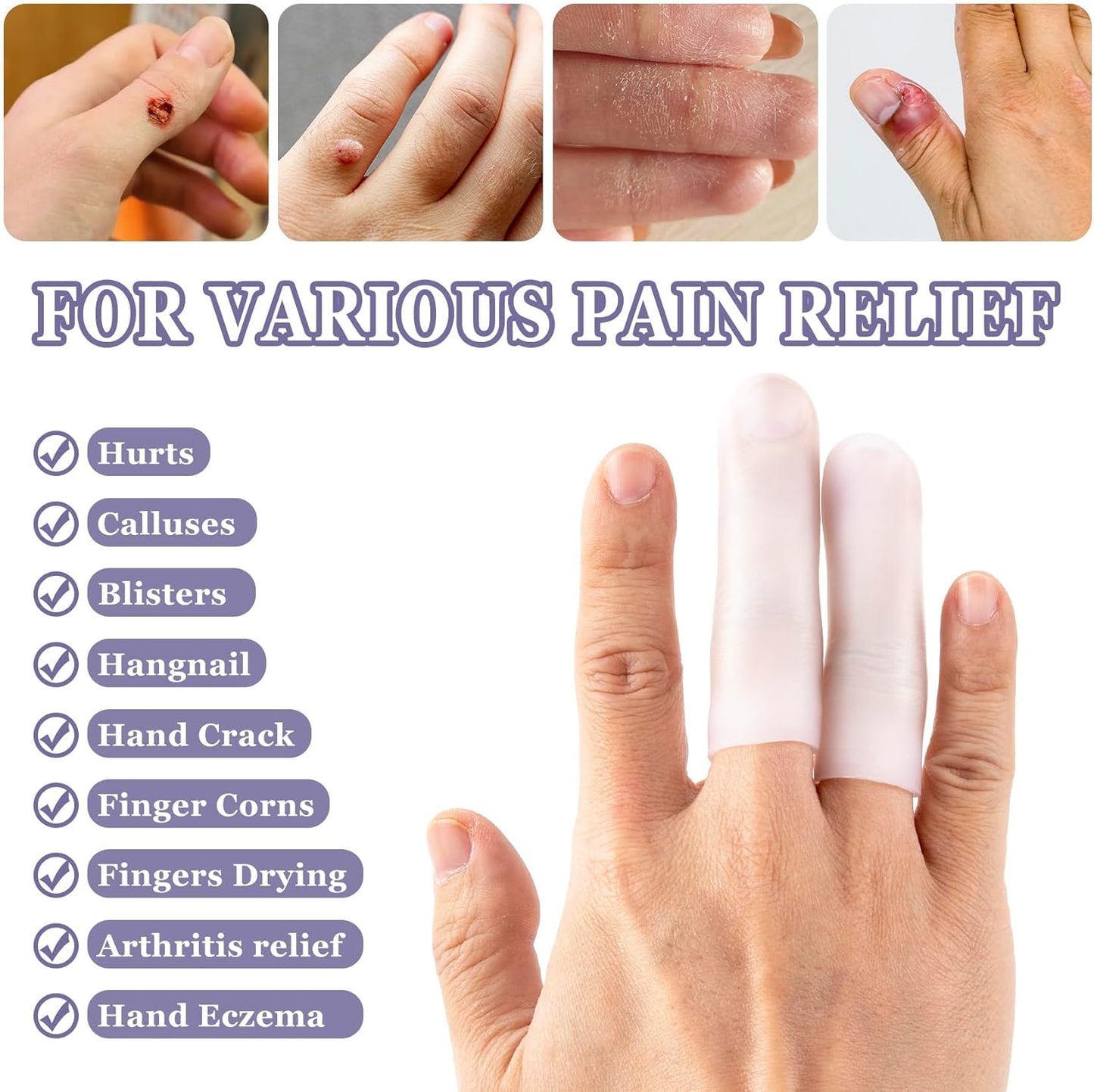 ANCIRS 10pcs Gel Finger Support Protector Caps Gloves, Gel Finger Cots/Covers, Silicone Fingertips for Hands Cracking, Eczema Skin, Trigger Finger Arthritis Pain Relief (Large, White)
