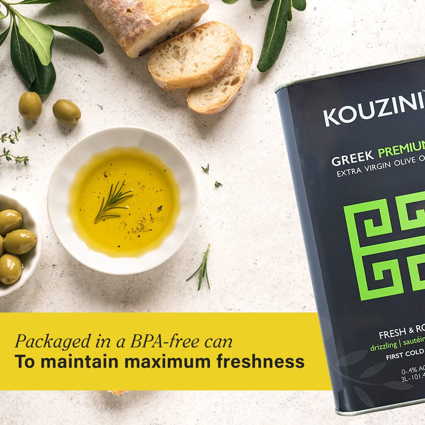 Kouzini Greek Premium Extra Virgin Olive Oil, 3 Liter Tin, Cold Pressed, Single Origin, Rich Flavor & Aroma