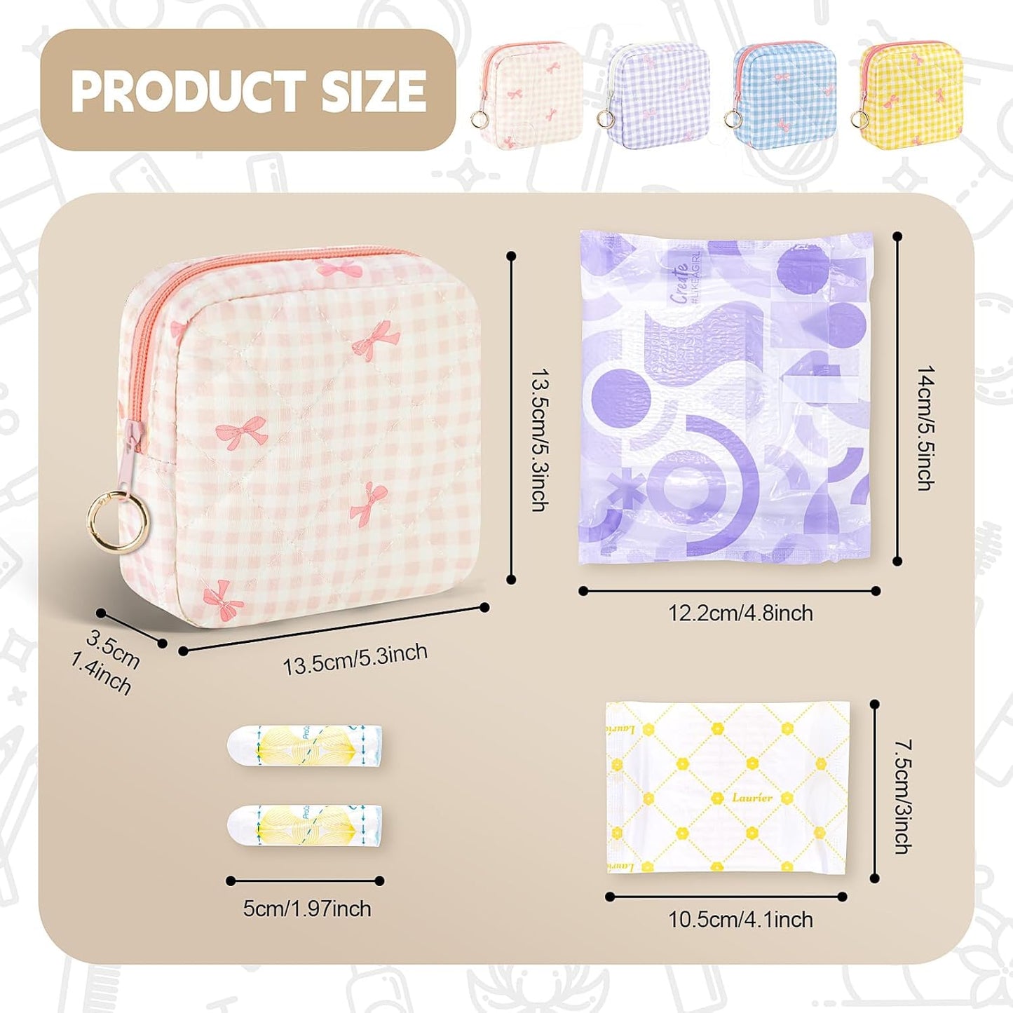 Period Bag for Teen Girls, Quilted Sanitary Napkin Storage Bag, Cute Bow Tie Menstrual Pad Pouch Tampon Holder (Plaid Blue)