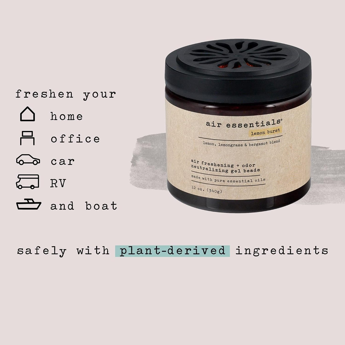 Air Essentials Air Freshener & Odor Neutralizer Gel Beads - 12 oz, Pack of 2 - Odor Eliminator - Made with Pure Essential Oils - Lemon Burst Scent