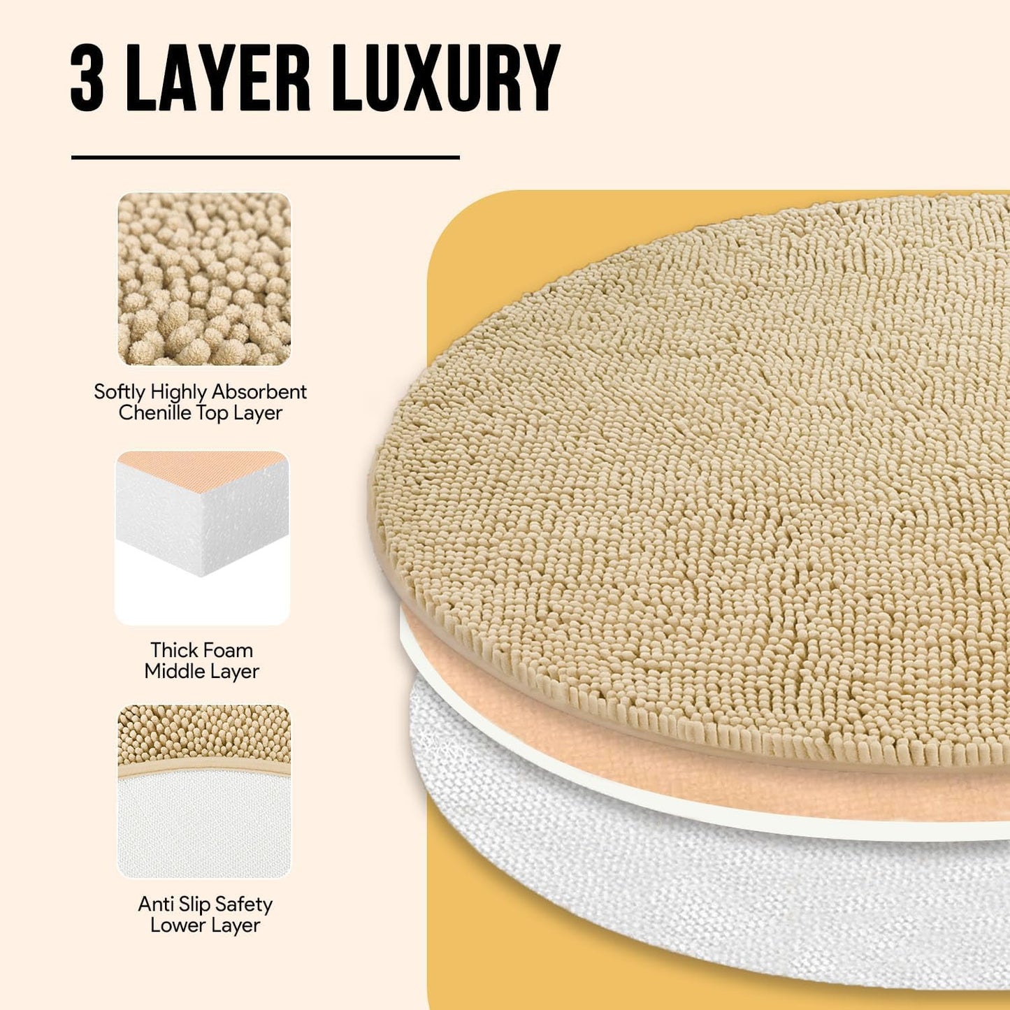 MAYSHINE Round Area Rug Set for Bathroom | Soft Plush Chenille Bath Mat, Water Absorbent Non-Slip Bathroom Rug | Washable Shag Carpet for Shower, Bedroom, or Home Décor | 36"x36" (Round) | Beige
