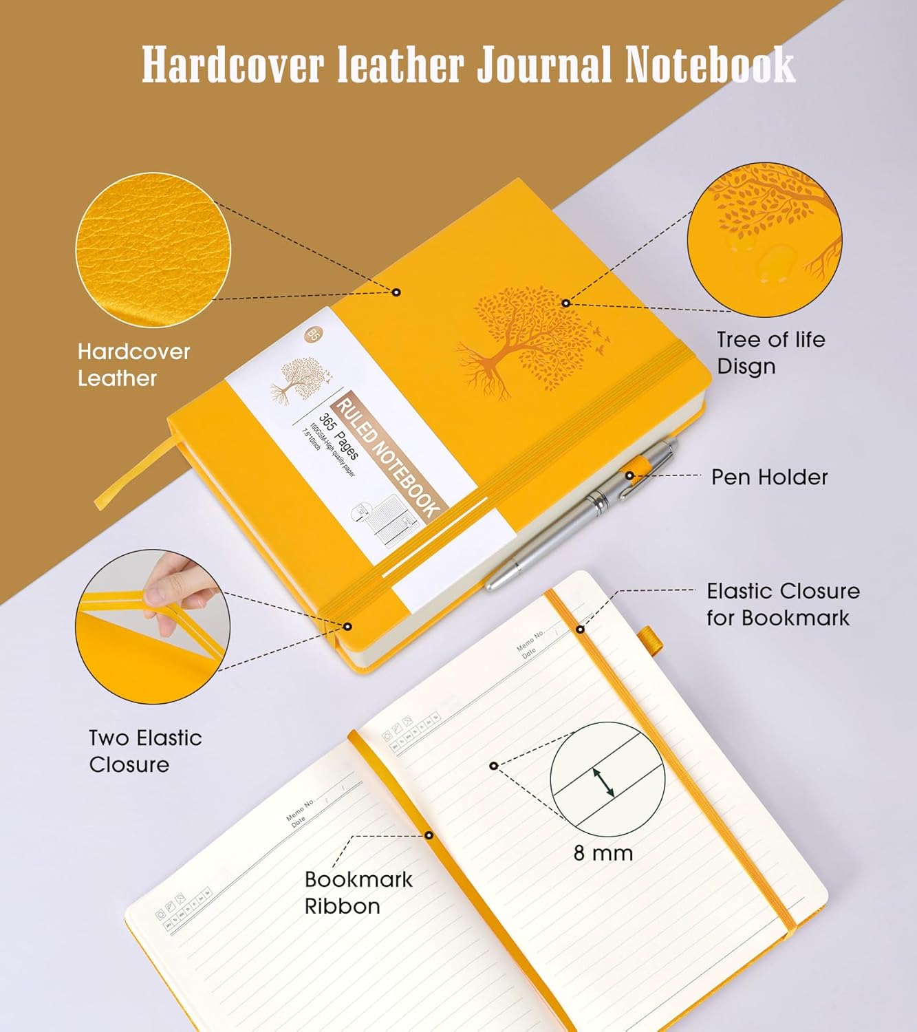 Lined Journal Notebook, 365 Pages B5 Journals for Writing College Ruled Notebook, Hardcover Leather Journal for Women Men, Daily Notebook for Work, Note Taking,100Gsm Thick Paper( 7.6'' X 10'' Yellow)