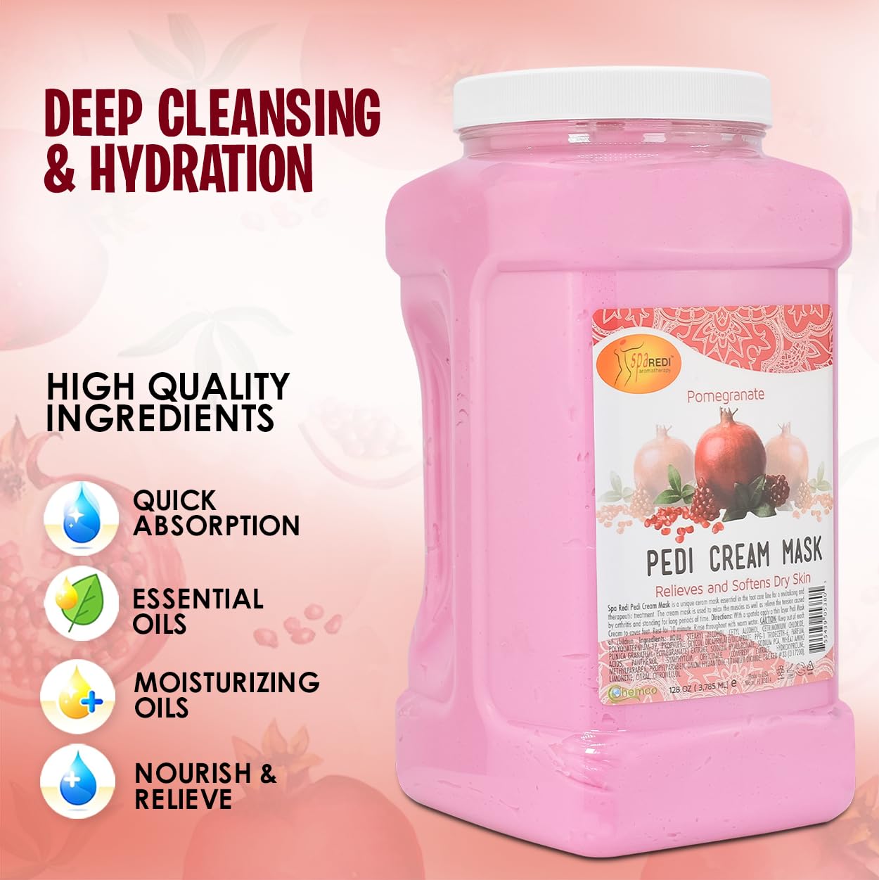 SPA REDI - Body and Foot Cream Mask, Pomegranate, 128 Oz - Pedicure Massage for Tired Feet and Body, Hydrating, Fresh Skin - Infused with Hyaluronic Acid, Amino Acids, Panthenol, Comfrey Extract