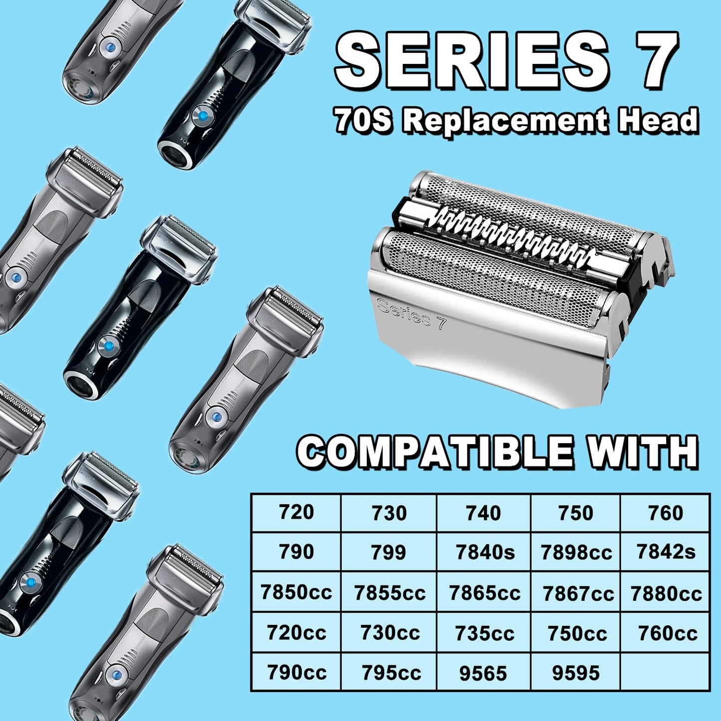 70S 2PCS, Series 7 Electric Shaver Replacement Head Compatible, 70S Replacement Electric Shaver Heads for Men Razor Shaving Blades Fit for Braun Series 7: 720cc, 730cc, 735s, 750cc, 760cc, 790cc