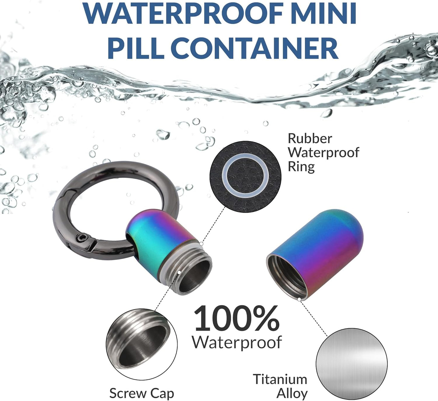 TISKY Small Keychain Pill Holder Titanium,Waterproof Tiny Pill Container with Keyring,Mini Portable Pill Case for Travel,Pill Organizer for Purse Pocket(Multicolor)