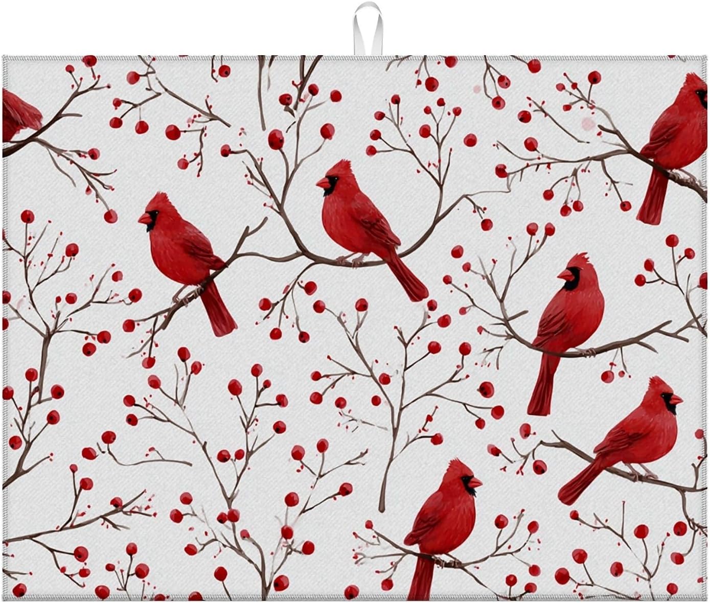 Dish Drying Mat For Kitchen Counter, Cardinal Bird Red Berry Microfiber Absorbent Dish Drainer Rack Pad Reusable Large 18x24in Drying Mat