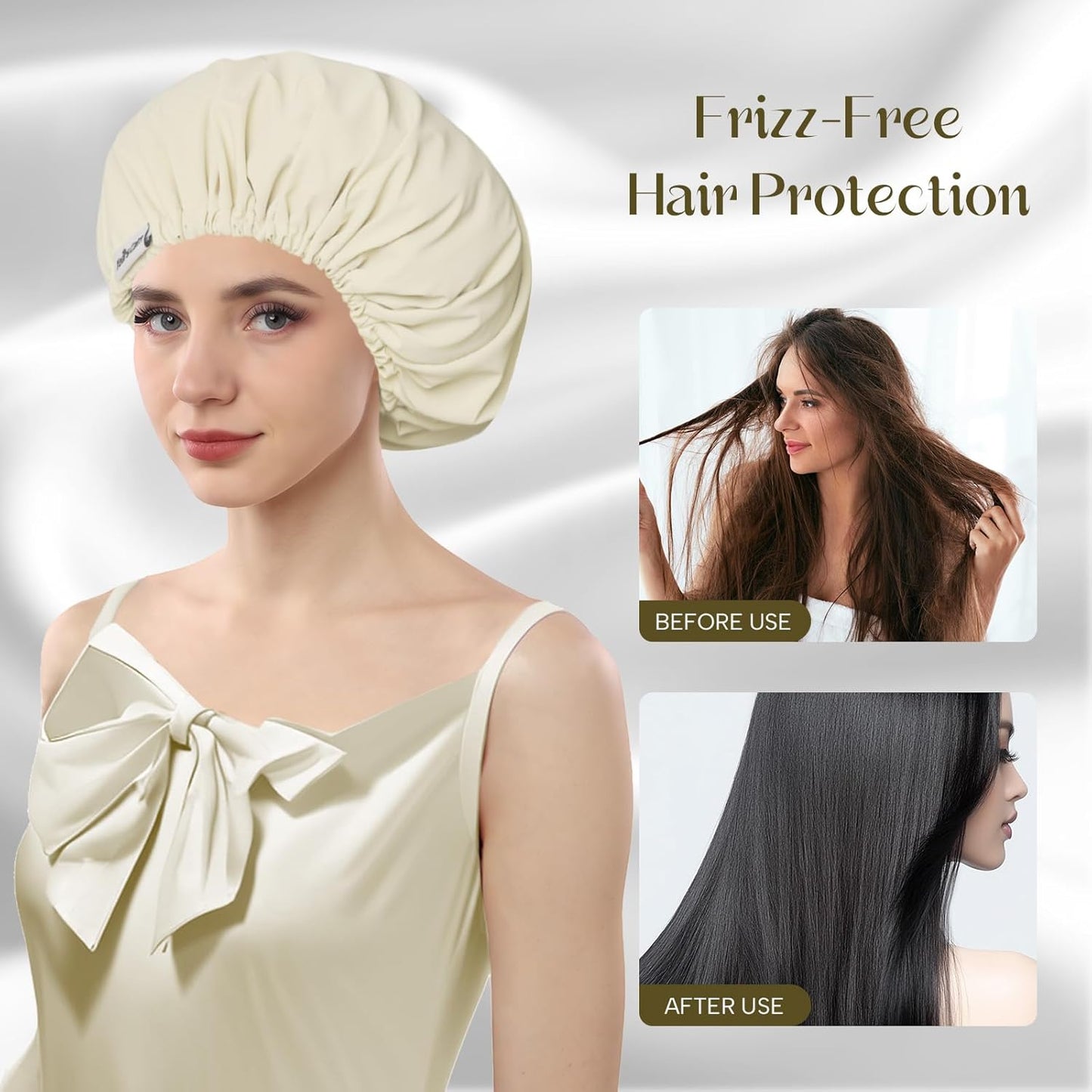 Years calm Shower Cap Reusable Waterproof, Double-Layer Hair Cap, with Elastic Band, Ideal for Shower, Spa, Travel & Cleaning (Light yellow, One Size)